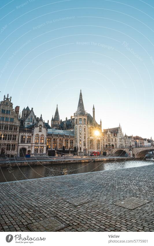 Ghent promenade called the Graslei and the charming historic houses at sunrise. The centre of the Belgian city. Flanders graslei ghent gent belgium graslei gent