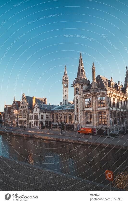Ghent promenade called the Graslei and the charming historic houses at sunrise. The centre of the Belgian city. Flanders graslei ghent gent belgium graslei gent