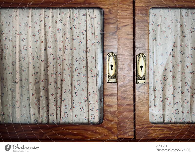 Doors of an old cupboard covered with fabric Cupboard Wood Wardrobe door Old Glass Detail Pane Cloth Pattern Folded cloth Folds crease 50s Closed wooden frames