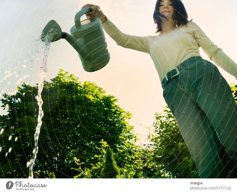 A woman watering her garden Garden Plant Woman Exterior shot Adults Gardening Nature Watering can Cast Worm's-eye view Jeans Leisure and hobbies plants bushes