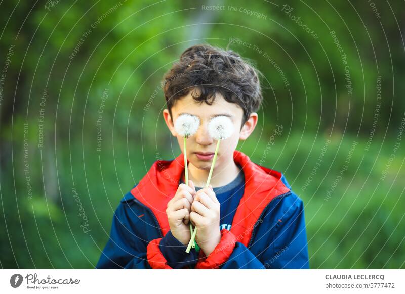 Boy hiding eyes with dadelion seed heads child playing in the nature Exterior shot Joy mistery allergies spring allergies Nature Summer dandelion seed Dandelion