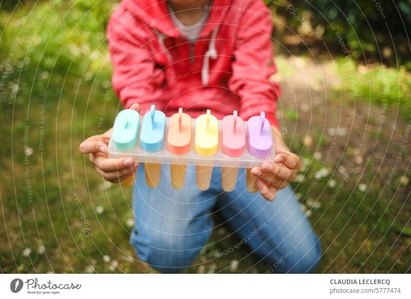 A boy showing homemade ice lollies Ice Lollies food Nutrition Refreshment Summer