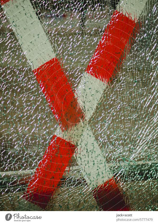 unusable I Safety glass is broken Broken Pane Vandalism Crack & Rip & Tear Damage glass break broken glass Aggression barrier tape Transience Crucifix