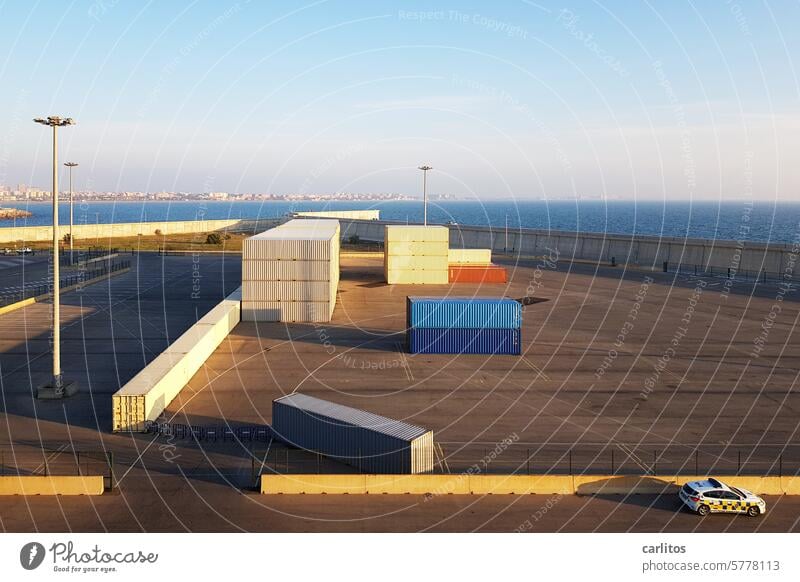 Port con Tainer | Valencia Harbour Container White Red Blue morning sun Arrangement Container terminal Logistics Trade Container cargo Navigation Economy