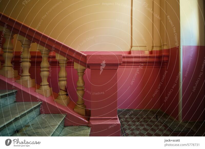 Pink is trumps .... in the stairwell Stairs Staircase (Hallway) Banister Structures and shapes lifestyle Wall (building) Renovated Architecture stair treads