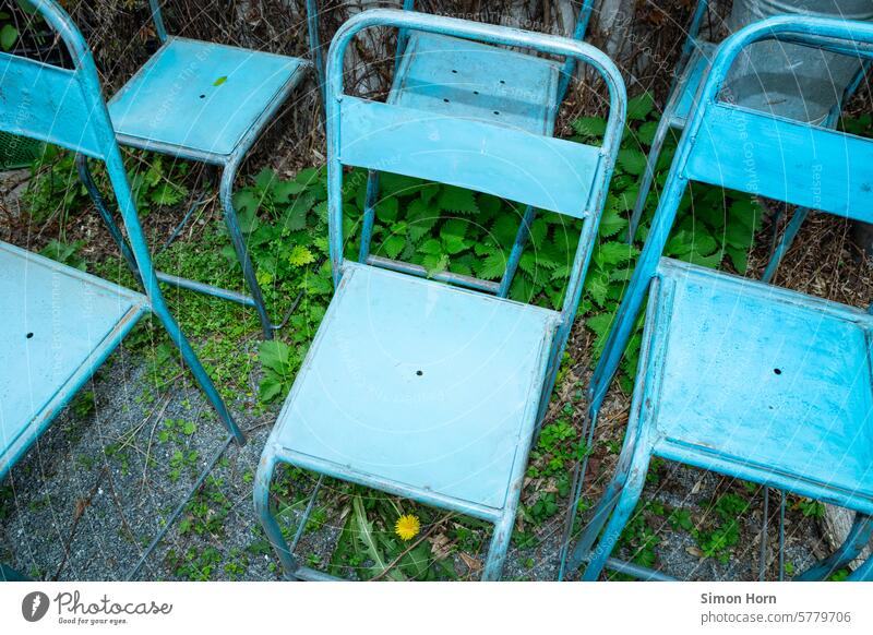 Identical blue chairs stand in partial shade on gravel partially covered by green leaves Side by side Supply Blue stable Seating Patina Row of chairs