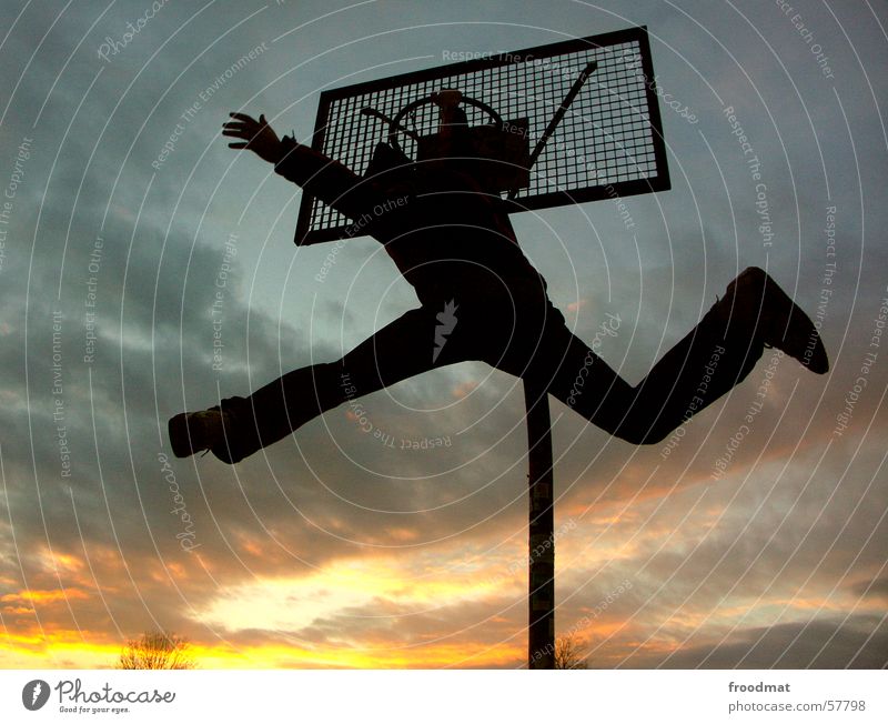 basketball Jump Sunset Clouds Basket Sports Back-light Splay Splits Action Sporting event Strike Summer Silhouette Clear Hang Sweaty Effort Easy Acrobatic