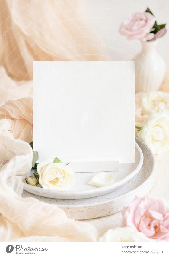 Square card near cream fabric knot and roses on plates close up, copy space, wedding stationery mockup romantic flowers white tulle silk spring mothers day