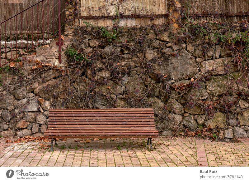 Tranquil Wooden Bench Amidst Stone and Greenery wooden bench metal legs solitude stone wall vines cobblestone wrought-iron peaceful serene rustic vintage garden