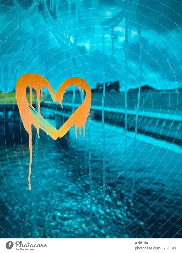 Gradient heart on blue glass Heart Graffiti Love Emotions Town Orange Blue Romance Sign Colour pass Symbols and metaphors Display of affection
