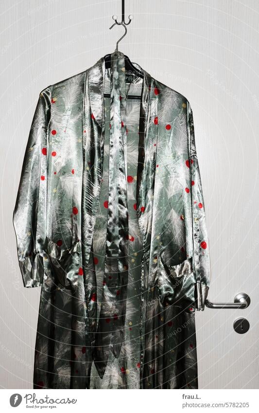 Robe Coat Artificial silk shine door Dressing gown Pattern Glittering Hanger Fashion Style Clothing garments textile Design weave Outfit Green Blue Red feathers
