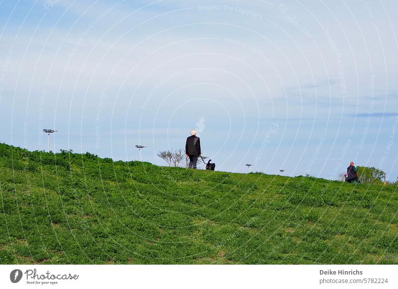 Long shot: White-haired lady walking her dog on a grassy embankment older woman Silverager Nature stroll free time Relaxation Landscape Blue sky Dog round
