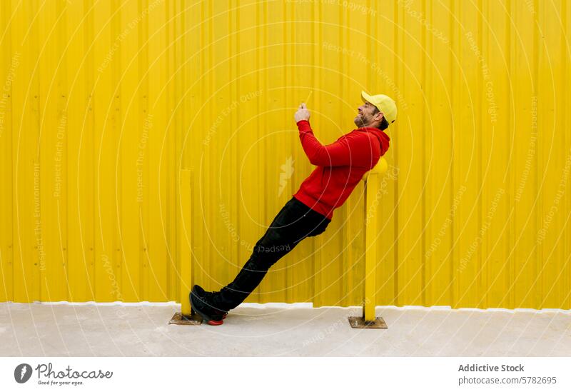 Man in Red Leaning Back and Writing on Yellow Wall man red leaning writing yellow wall vibrant pole cap sweatshirt mimic color contrast outdoor cheerful playful