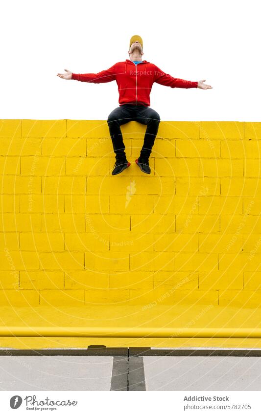 Man sitting on wall with open arms against white sky man red hoodie cap yellow background casual clothing urban style spread expressing freedom joy bright color