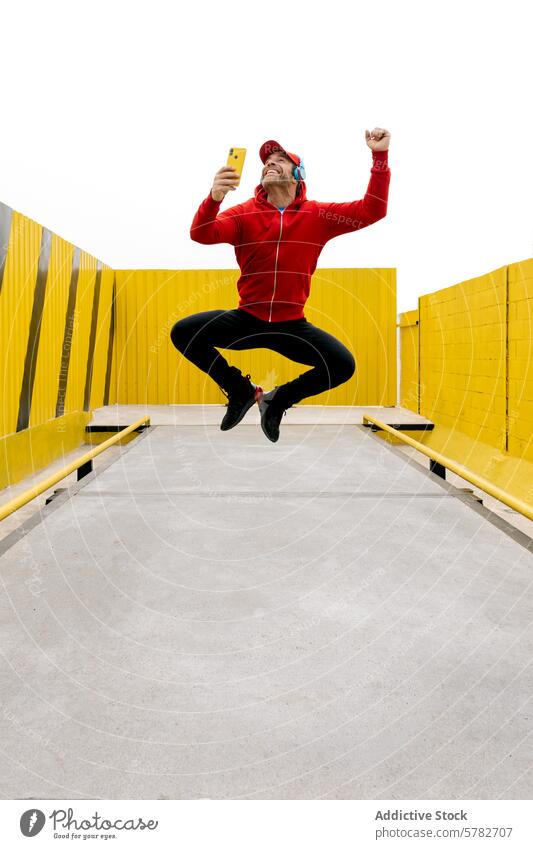 Joyful man taking a selfie while jumping in urban space joy exuberant red headphone baseball cap mid-air vibrant yellow background happy cheerful male adult
