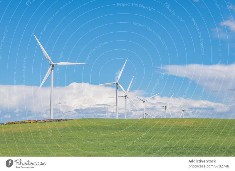 Wind Turbines on a Green Hill Against Blue Sky wind turbine green energy renewable sustainability environment eco-friendly wind power electricity technology