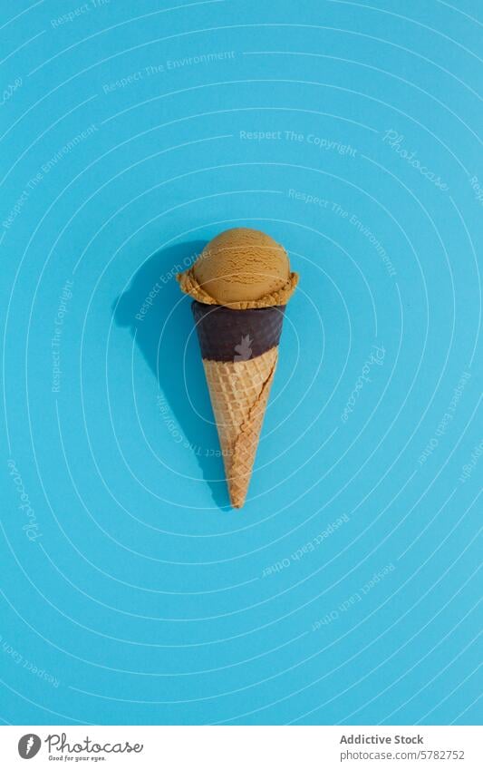 Scoop of coffee ice cream in waffle cone on blue background scoop dessert sweet treat frozen dairy summer refreshment flavor textured single portion serving