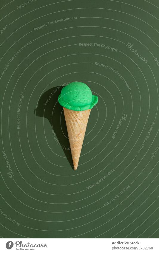 A vibrant green ice cream scoop sits atop a classic waffle cone against a green background, casting a playful shadow mint single crispy dessert sweet treat