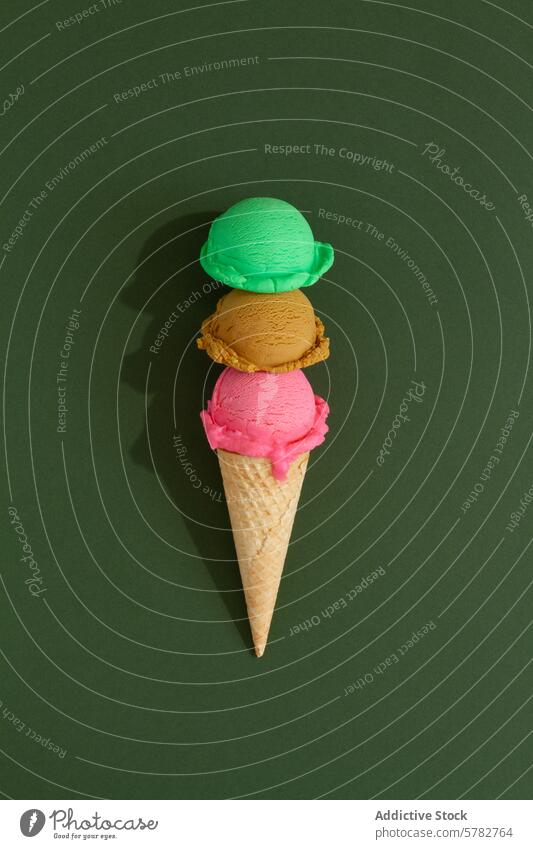 Triple-layered ice cream cone with colorful scoops in green background triple pink brown summer treat dessert frozen dairy sweet indulgence snack refreshing