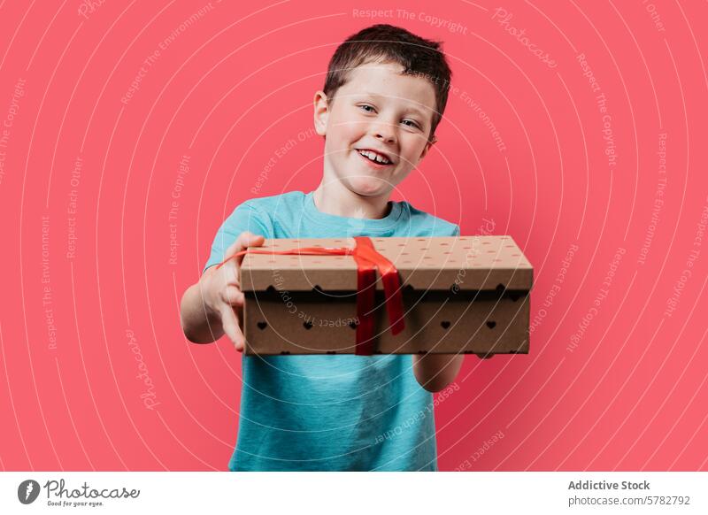 Happy boy presents a gift box on pink background ribbon happy smile child red polka dot joy generous celebration festive giving cheerful birthday surprise offer