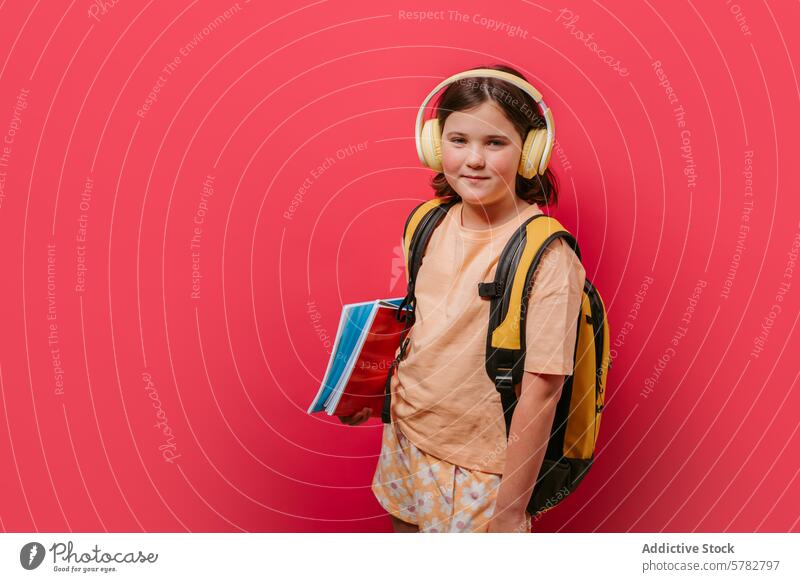 Young student with headphones and backpack against pink background girl books school education cheerful young youth study prepare vibrant color casual learning