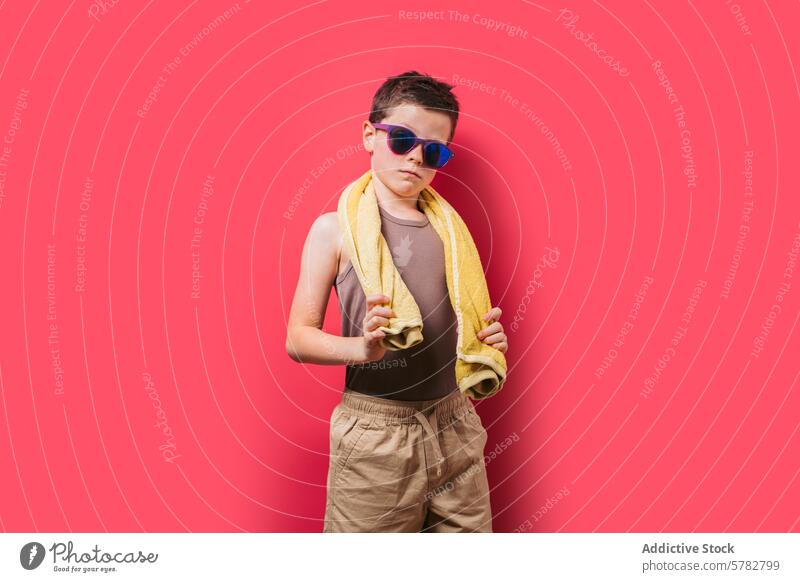 Confident boy with sunglasses and towel on pink background confident young stylish pose vibrant blue kid fashion summer leisure casual cool trendy modern youth