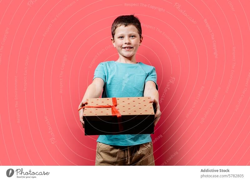 Happy child presenting a gift box on pink background happy smiling boy vibrant young holding wrapped cheerful giving birthday celebration festive surprise joy