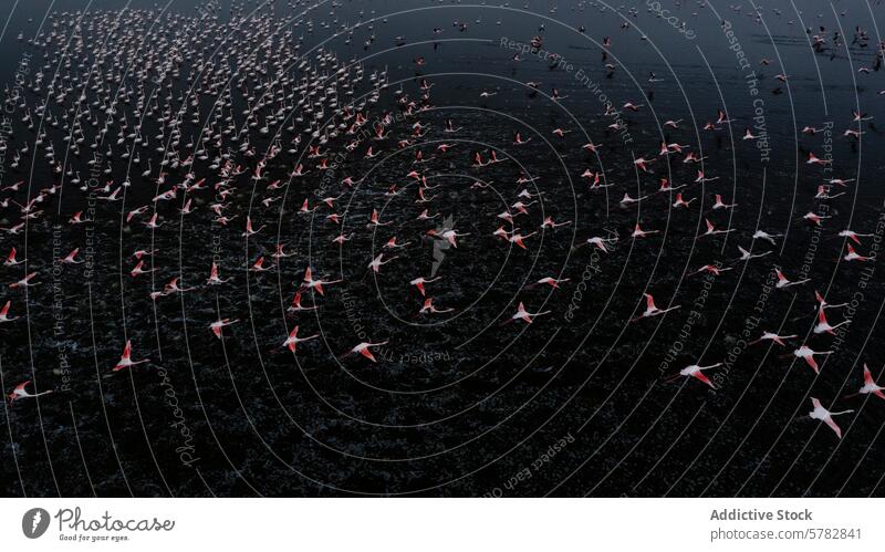 Flock of Flamingos Flying Over Water at Dusk flamingo flight flock wildlife bird water dusk wing pink feather migration nature aerial view animal grace