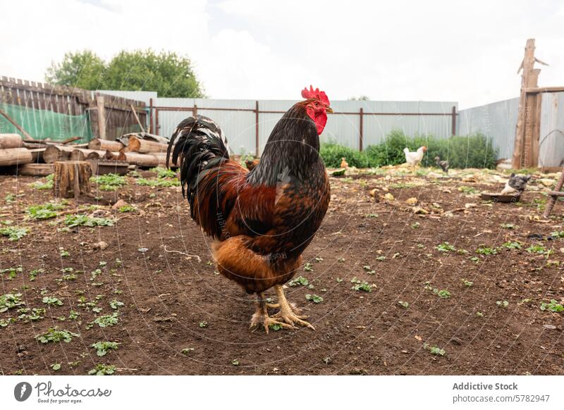 Majestic rooster with hens roaming free in a farmyard chicken countryside rural foraging poultry bird animal domestic agriculture farming livestock feather