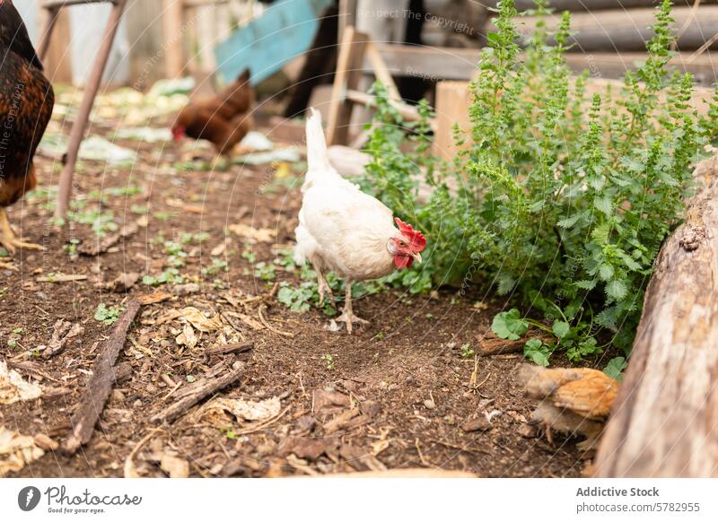 Rustic farmyard scene with free-range chickens hen rooster poultry rustic country natural countryside agriculture animal bird feather barnyard livestock rural