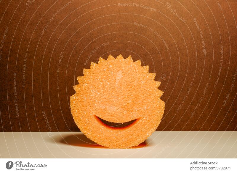 Smiling sponge cutout on a dual-tone background smile orange brown cut-out cheerful cleanliness happiness metaphor cleaning hygiene texture happy concept symbol