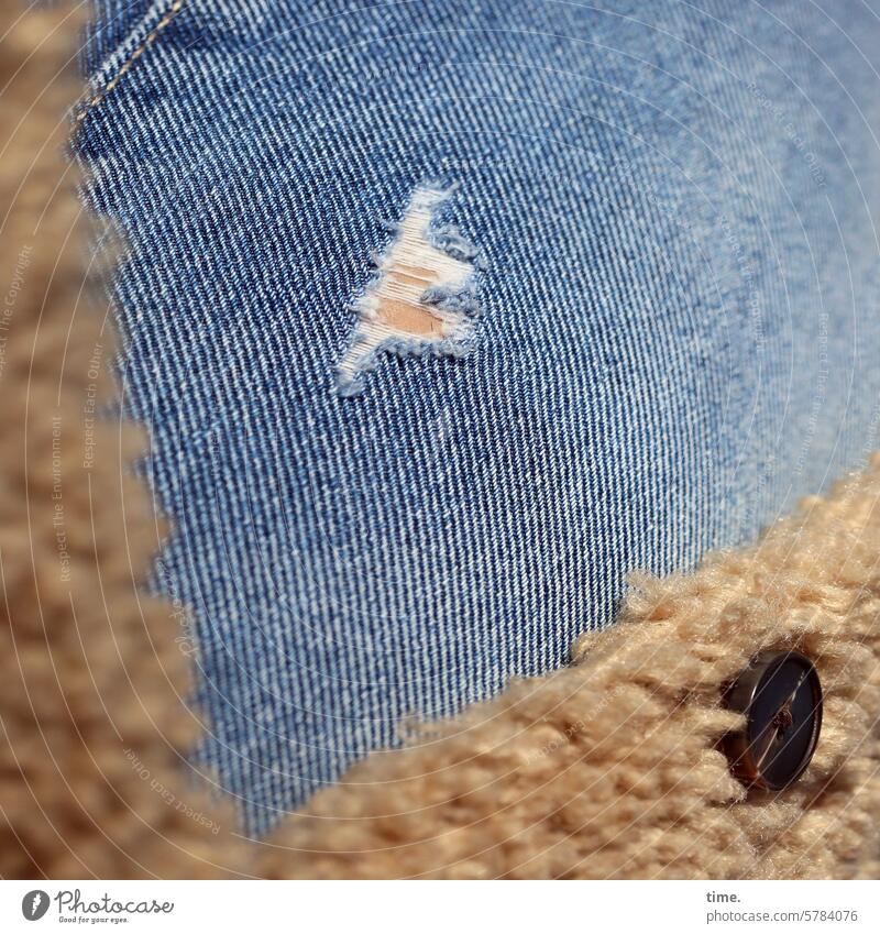 Hole in jeans under fleece coat with button Hollow Fluffy coat knob stylish fashionable Broken Thigh Pants sunny Detail Skin Crack & Rip & Tear