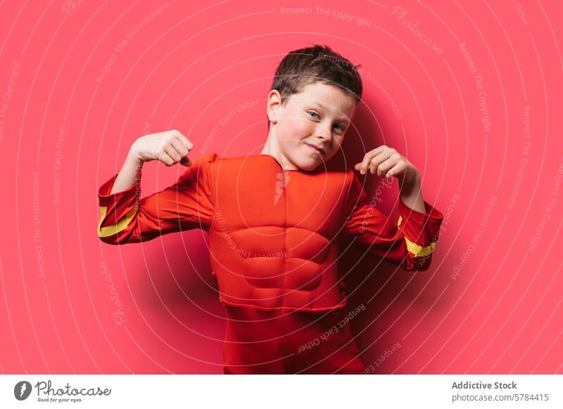 Young boy posing as a superhero in red costume muscle flexing confident smiling vibrant background contrast child strength powerful fun imaginative play fantasy