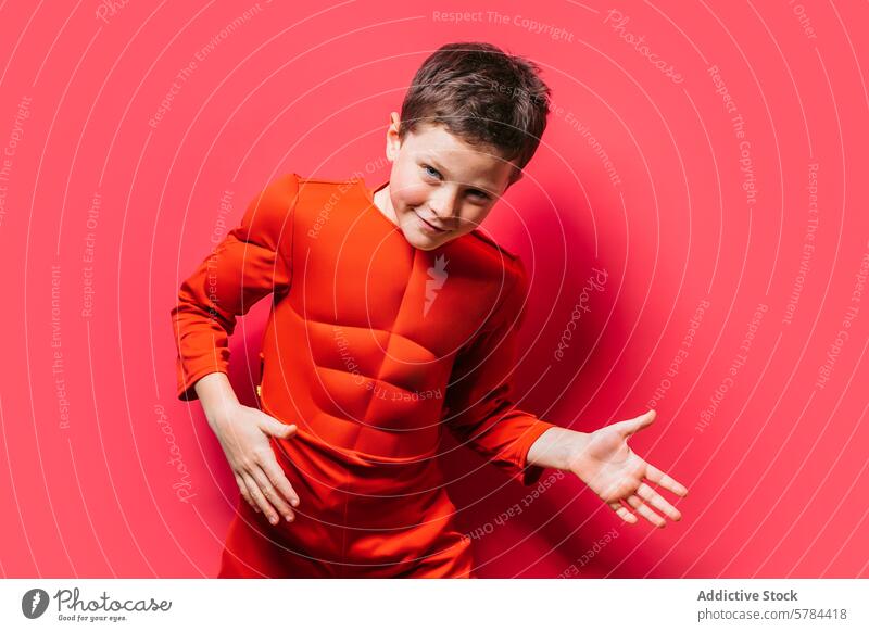 Young boy in red costume with a playful charm smile pink background charming youth child kid happiness vibrant cheerful posing fun joy fashion outfit modern