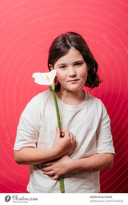 Young Girl with Calla Lily on Red Background girl child flower calla lily red background portrait youth innocence simple serene white t-shirt nature