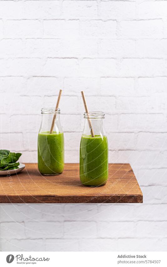 Healthy green smoothies in glass bottles with straws paper straw wooden shelf white brick wall nutritious healthy drink beverage leafy spinach vegan detox diet
