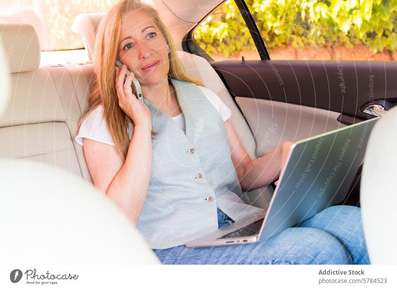Businesswoman multitasking in car with phone and laptop businesswoman backseat adult conversation working mobile technology professional transport communication