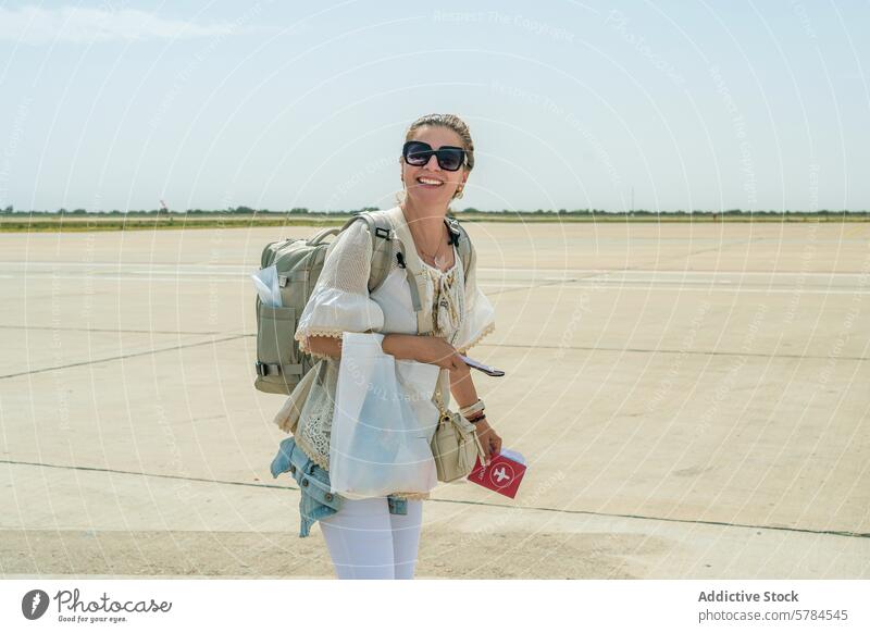 Happy traveler arriving at airport in Morocco morocco female arrival backpack sunglasses smile passport adventure explore woman tourism tourist journey