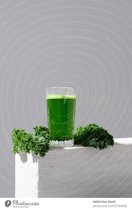 Fresh kale juice in glass on minimalist background green fresh healthy beverage drink leaf white surface vivid transparent nutrition diet vegan vegetarian detox