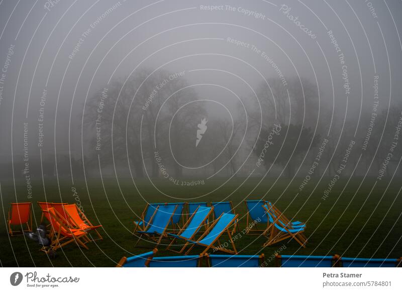 Orange and blue deckchairs in the fog Fog trees Blue Nature rest Landscape Exterior shot Calm Relaxation Deserted Morning fog Dawn in the morning