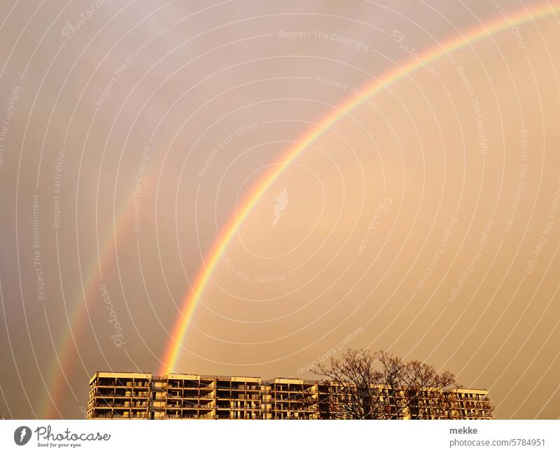 Everything will be fine | After rain comes a rainbow Rainbow double Secondary sheet Town downtown Sky Building Skyline Architecture Sunlight Storm clouds