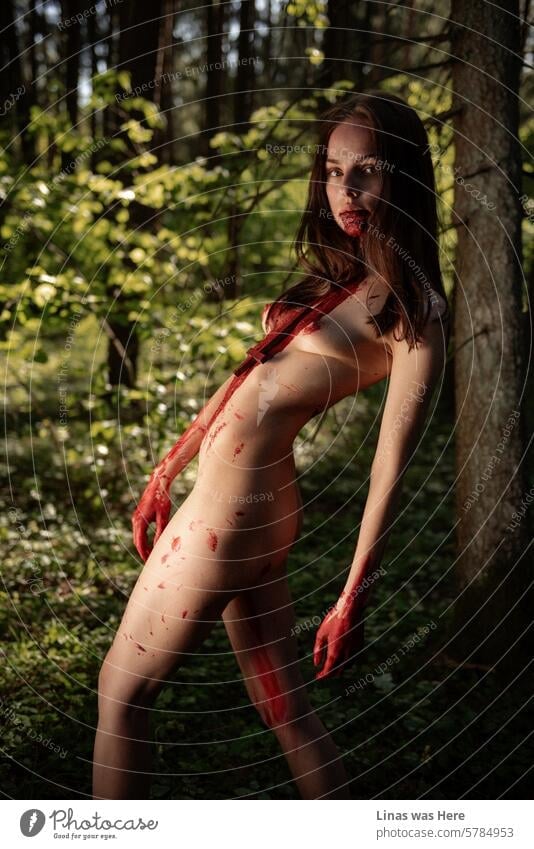 A gorgeous and bloody brunette woman is wandering these wild woods. Being all wild herself she is feeling free in her skin. A naked girl has some vampire vibes going on. Or maybe the devil.