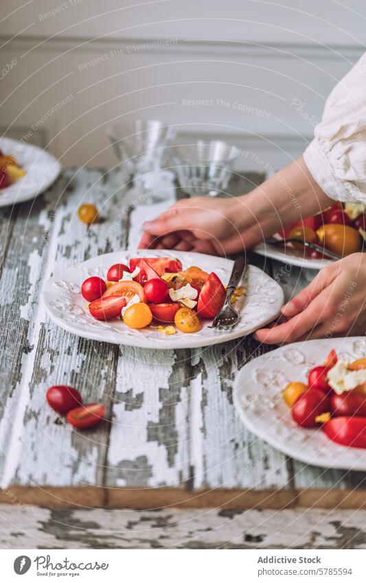 Fresh cherry tomato salad preparation on rustic table summer fresh cuisine food vegetable ingredient healthy organic ripe bowl plate wooden aged meal hand