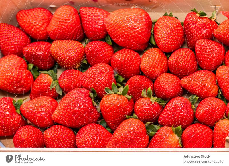 Fresh ripe strawberries in a box at market strawberry fruit fresh red vibrant color texture packed display food healthy organic vegetarian vegan dessert