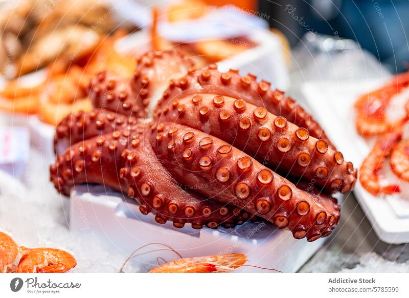 Fresh octopus on display at a seafood market red tentacle ice fresh shrimp sale vibrant close-up texture cooking ingredient marine aquatic shop selling retail