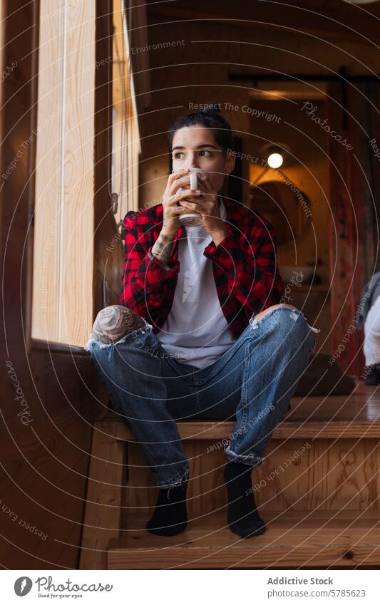 Contemplative woman enjoying coffee by the window tattoo plaid shirt wooden steps contemplative gazing sitting jeans thoughtfulness drink mug casual relaxation