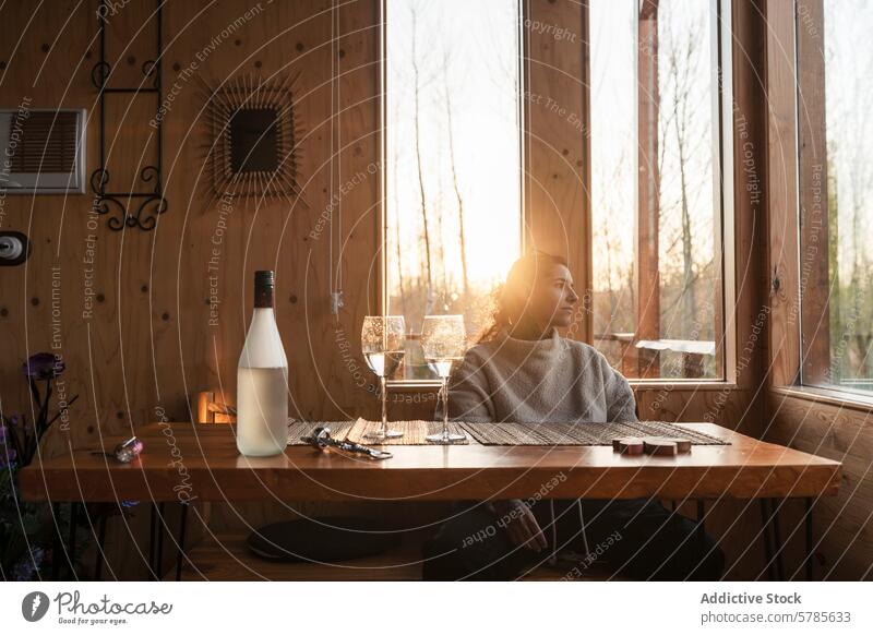 Contemplative Woman Enjoying Sunset by Cabin Window woman contemplative sunset cabin window serene wooden table cozy wine glass gazing tranquil thoughtfully