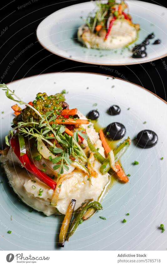Gourmet cod on mashed potato with sauteed vegetables gourmet herb garnish ceramic plate colorful delicate creamy fillet elegant presentation fish dining cuisine