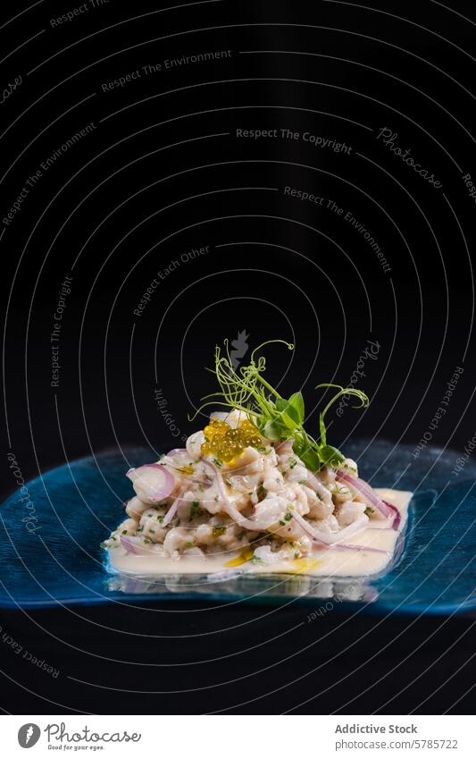 Exquisite shrimp ceviche on a blue plate over dark backdrop fish roe sprouts red onion dark background seafood gourmet appetizer presentation elegant cuisine