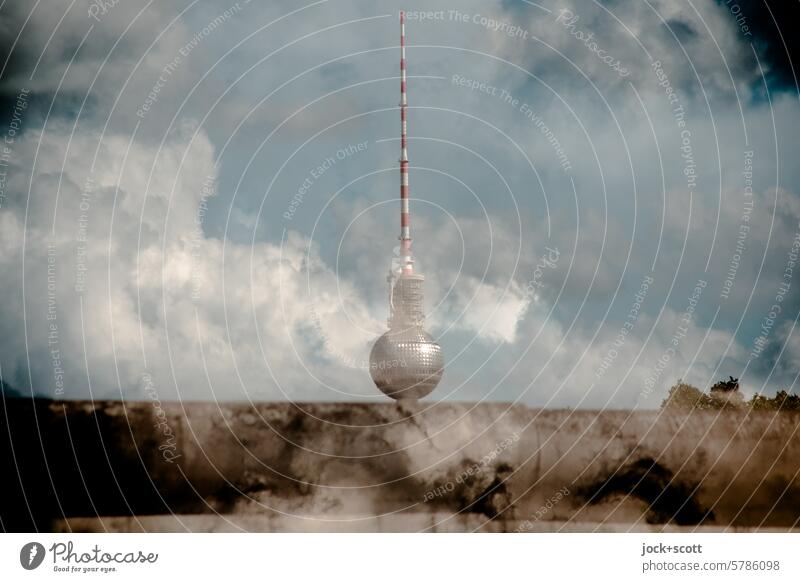 Berlin Wall and television tower in the clouds The Wall Berlin TV Tower Double exposure Landmark Reaction Experimental Clouds Sky Illusion Silhouette Surrealism